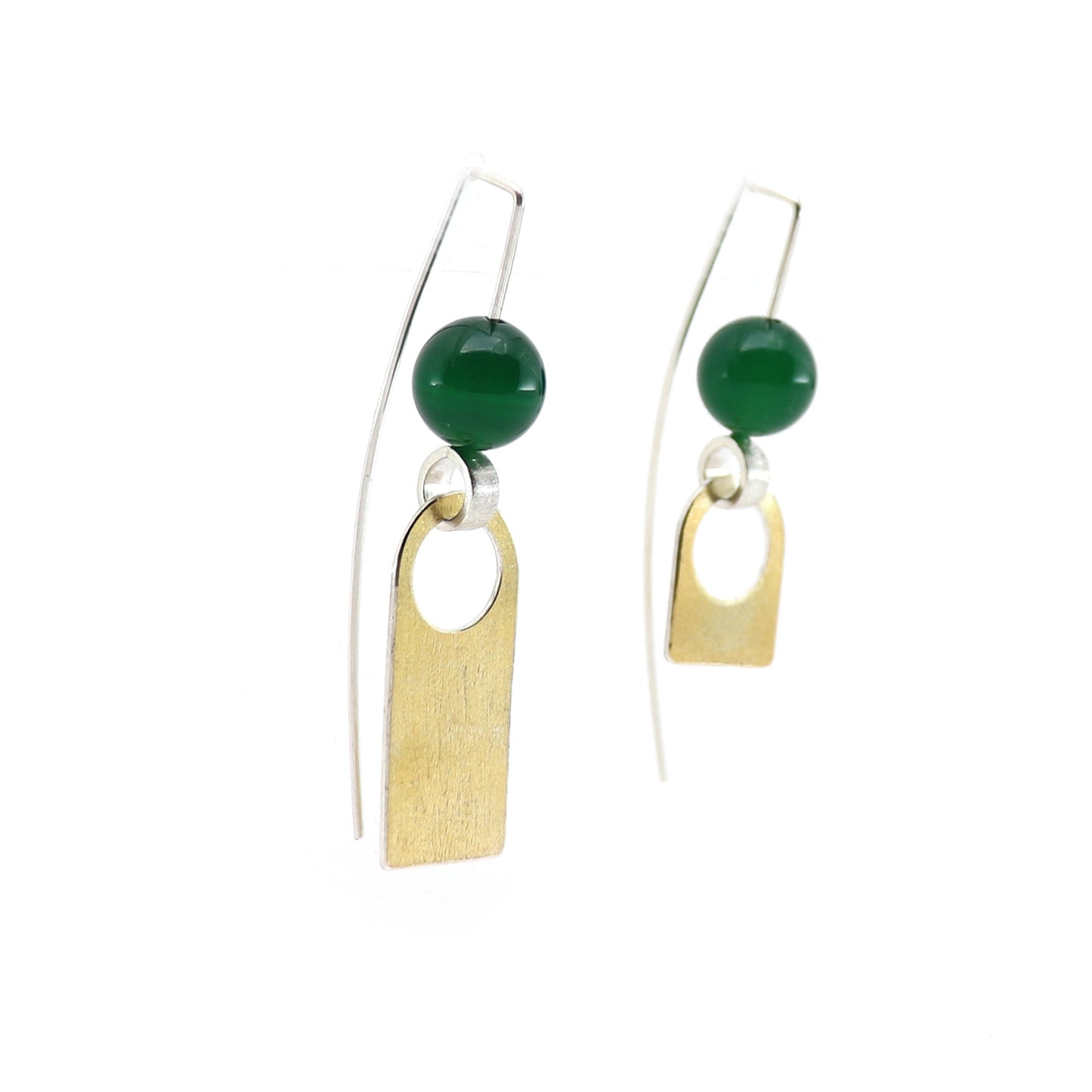Arch reCreate earrings in bauhaus style silver and gold mismatched size with green agate