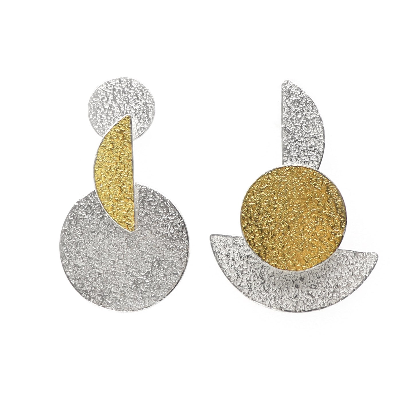 Retro 3tier bauhaus silver and gold textured handmade earrings