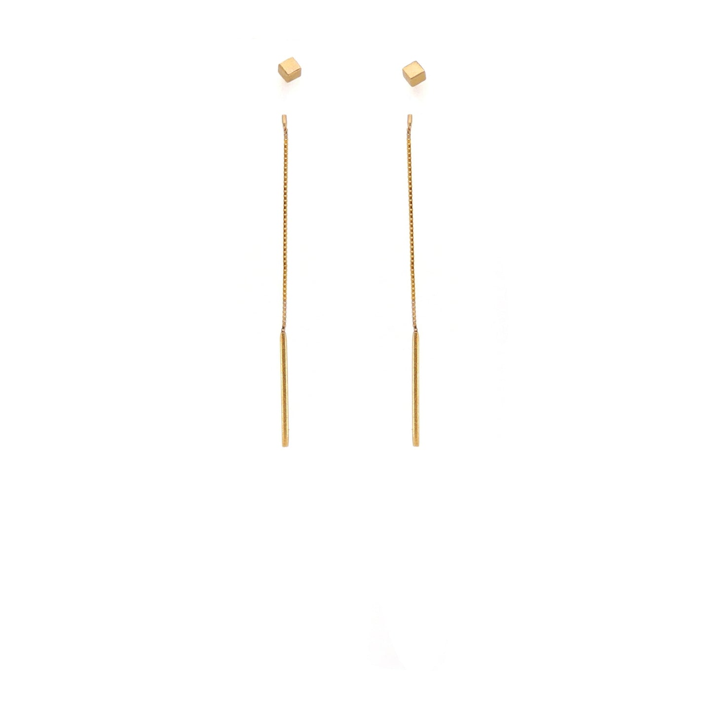 Gold cube threader earrings on a white background