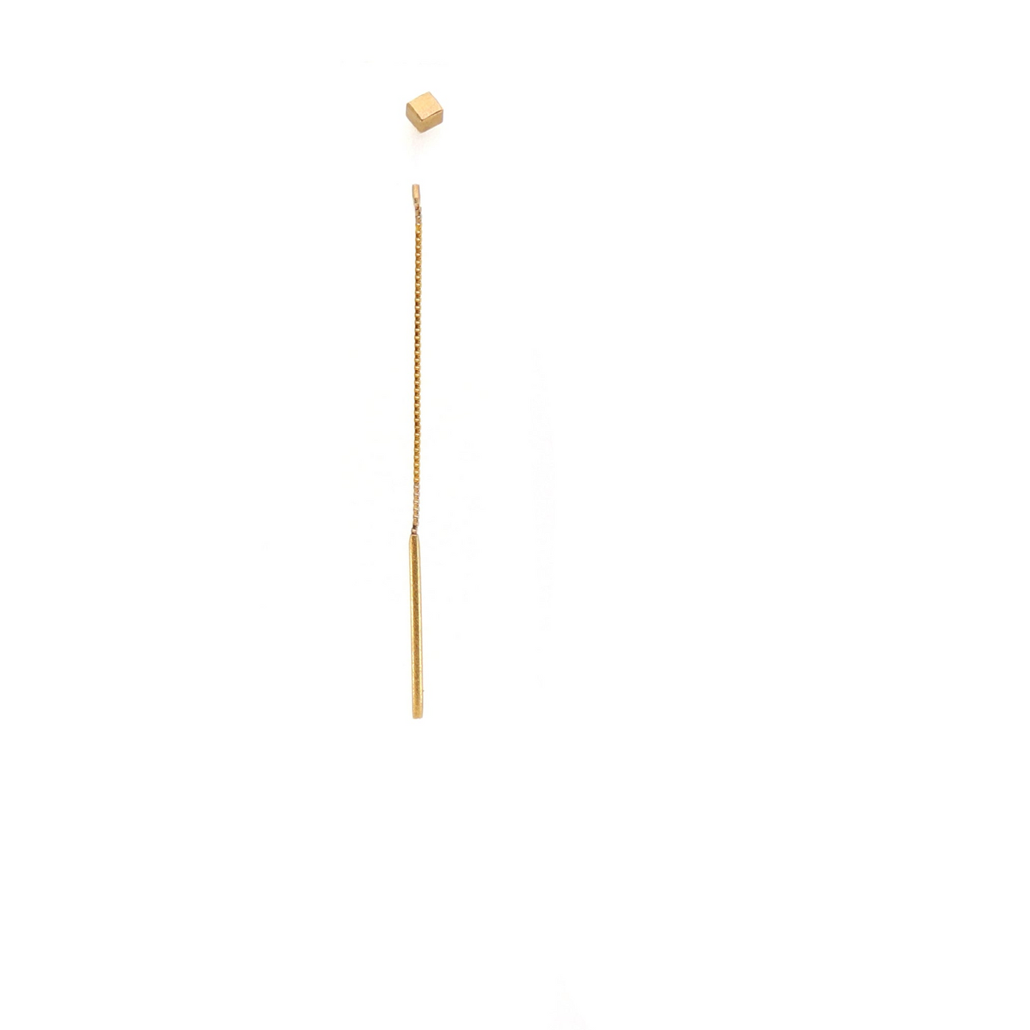 Gold cube threader earring on a white background