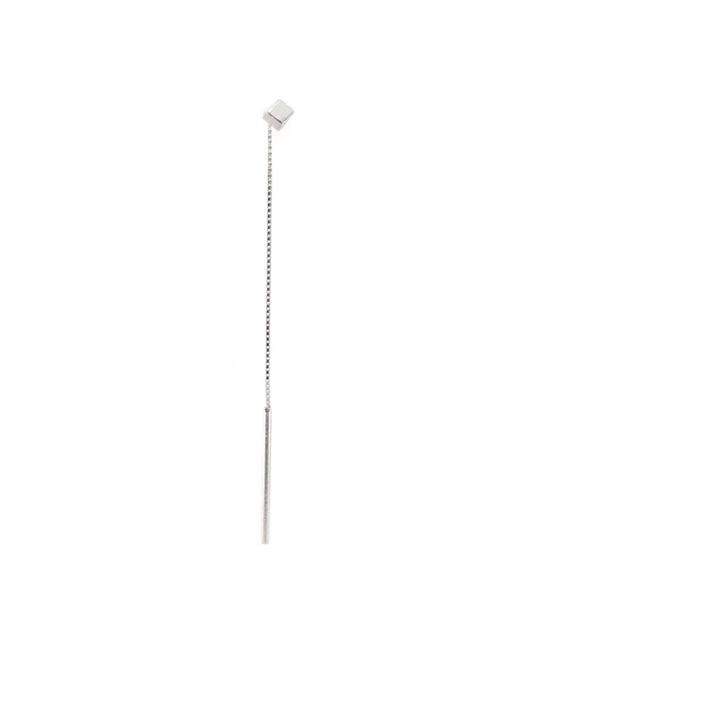 silver cube threader earring on a white background