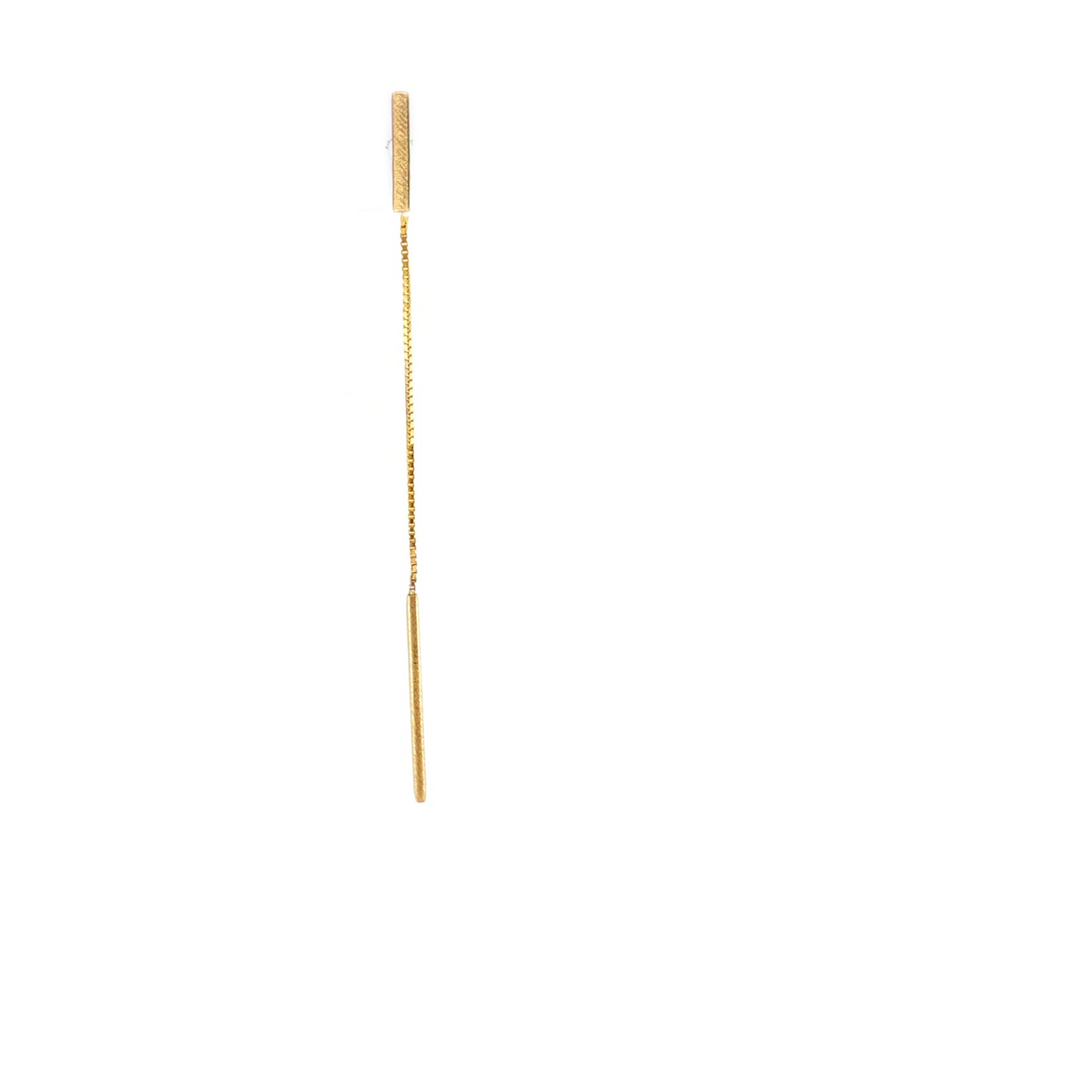 Long thin gold bar threader on a white background