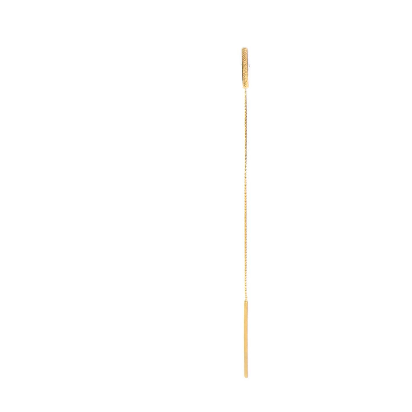 Long gold bar threader earring on a white background