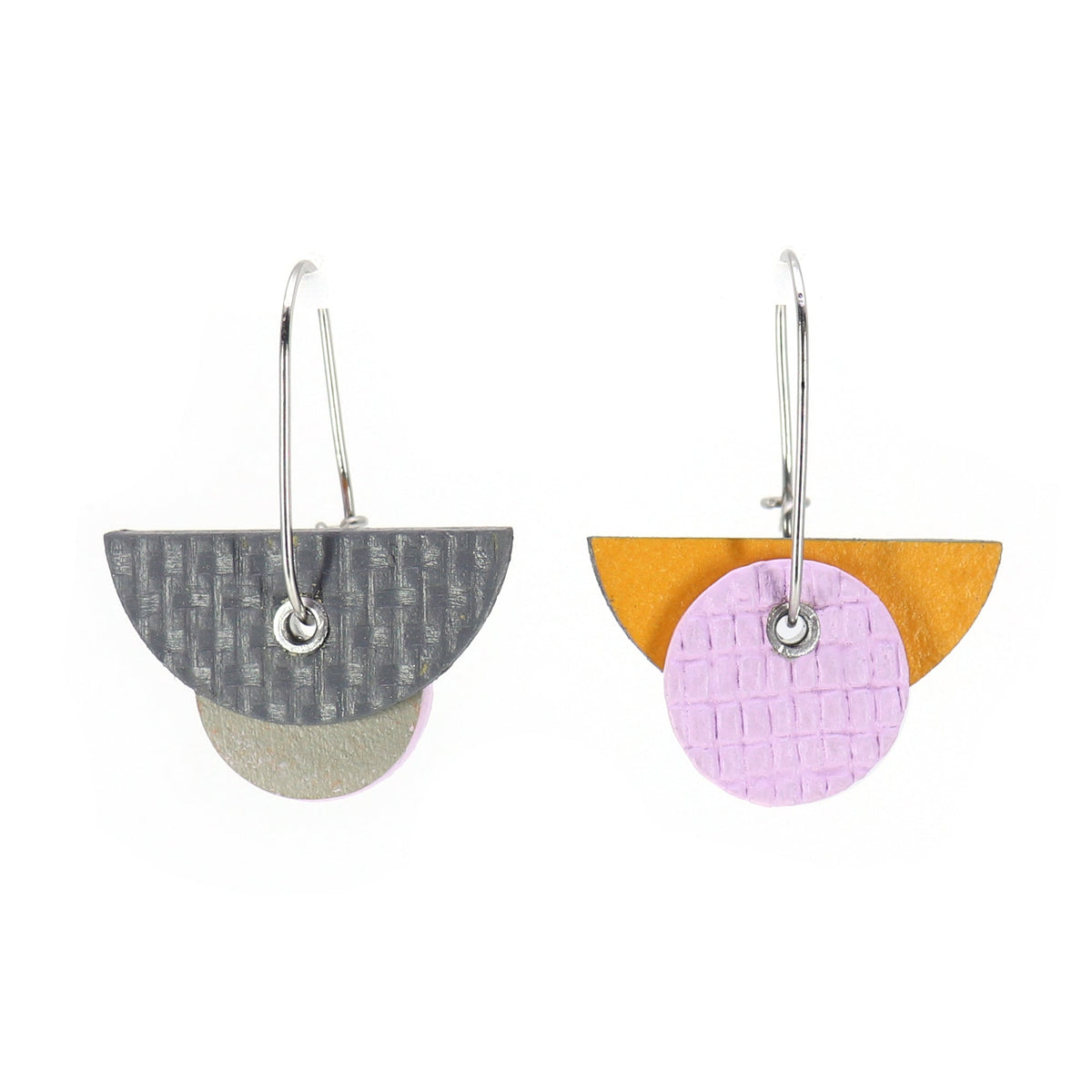 Bauhaus shaped reversible earrings on oval hoop in orange & lilac or grey