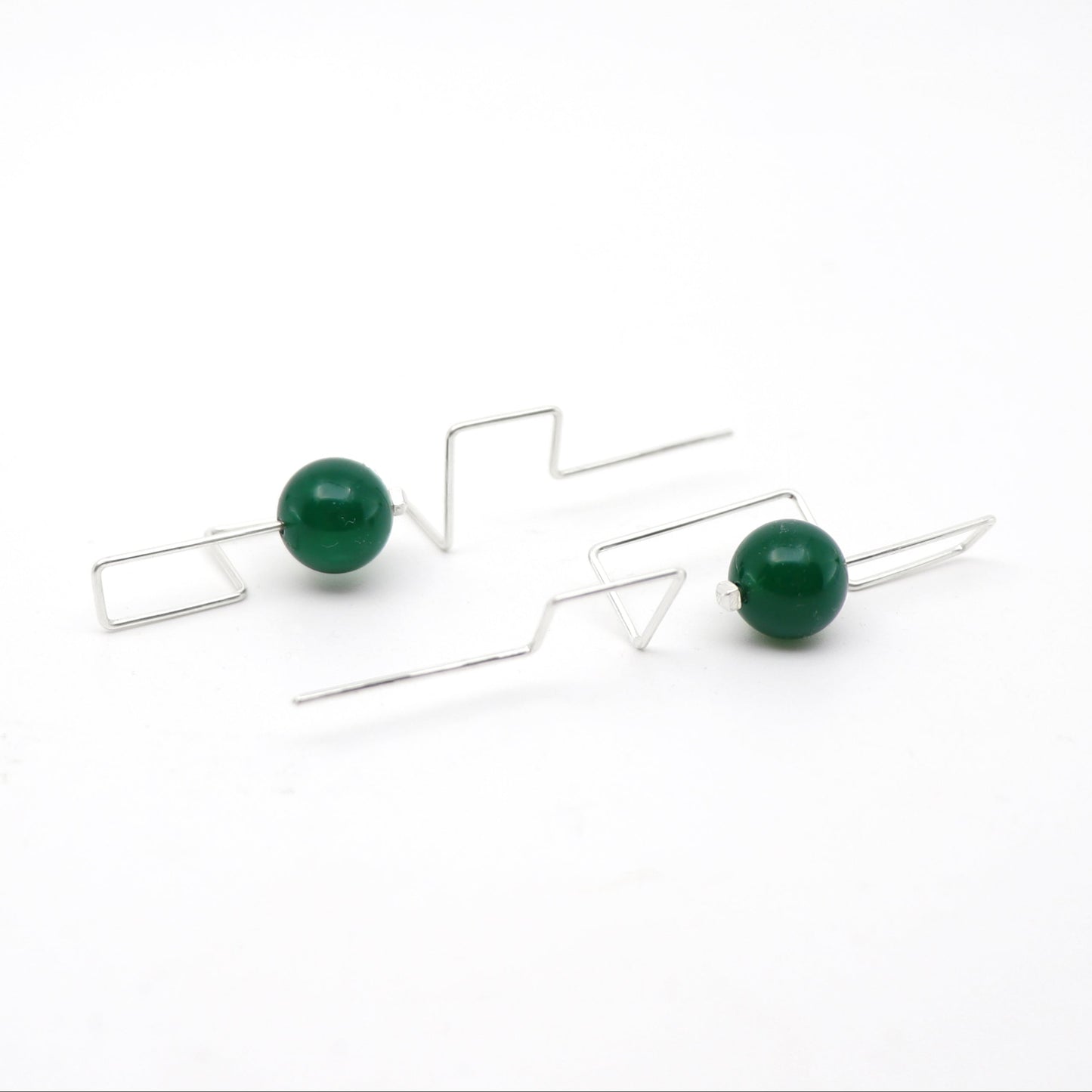 architectural silver wire earrings with green agate beads