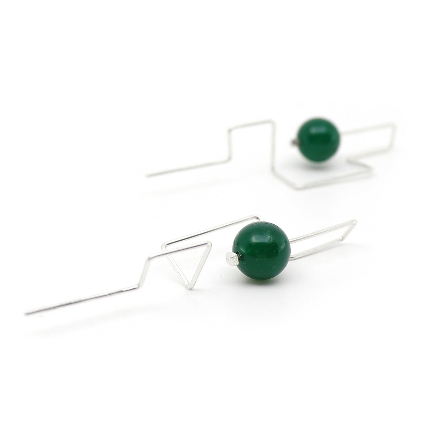 Geometric silver earrings with green agate
