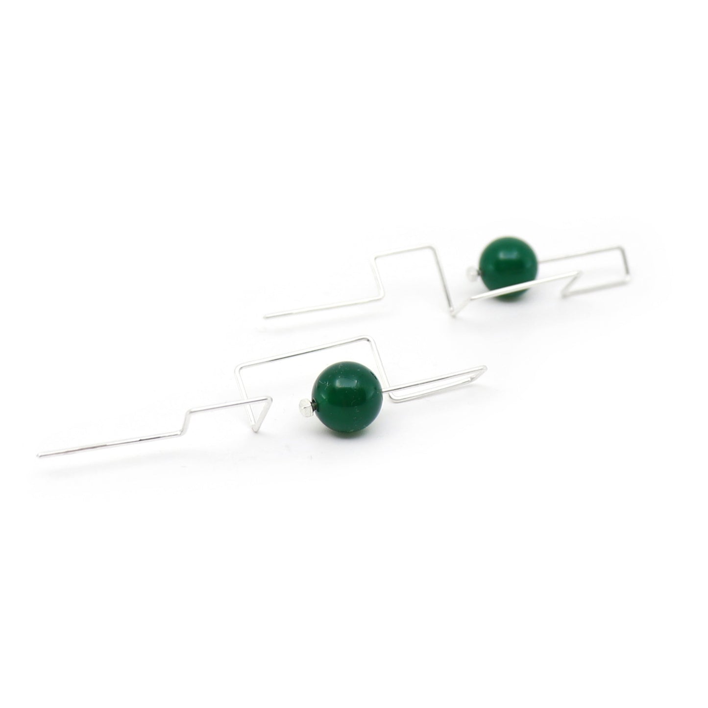 geometric silver wire earrings with green agate beads