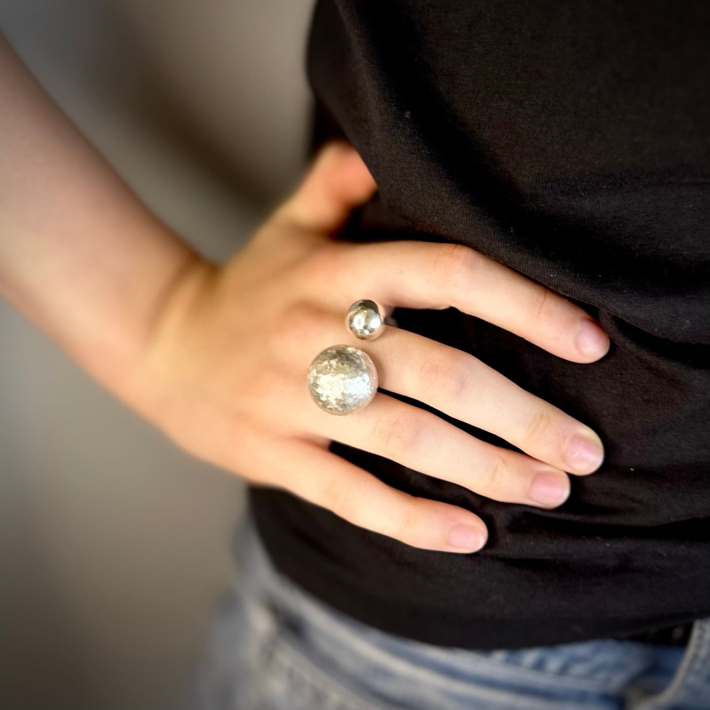 Statement double ball statement ring in silver