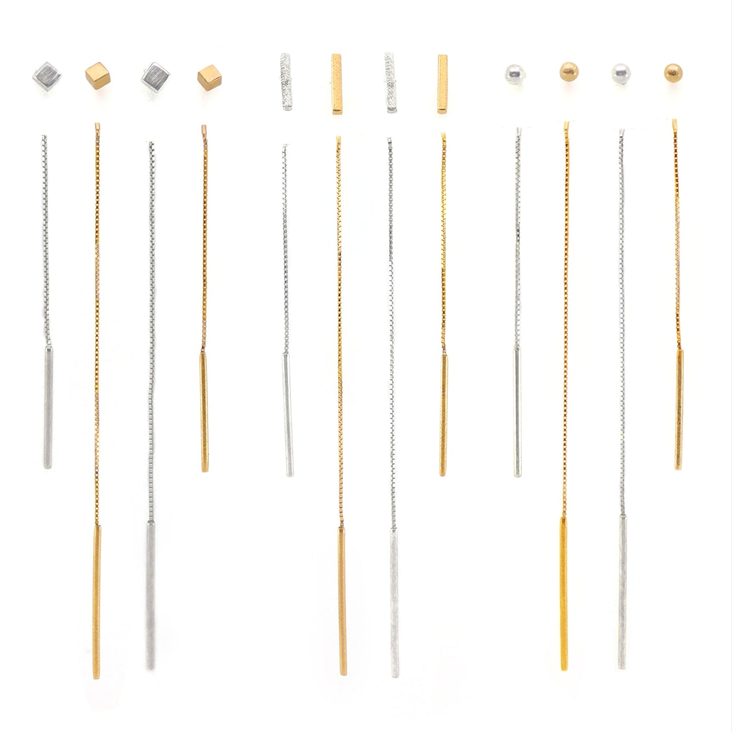 12 earlace threader earrings in cubes, balls and bars