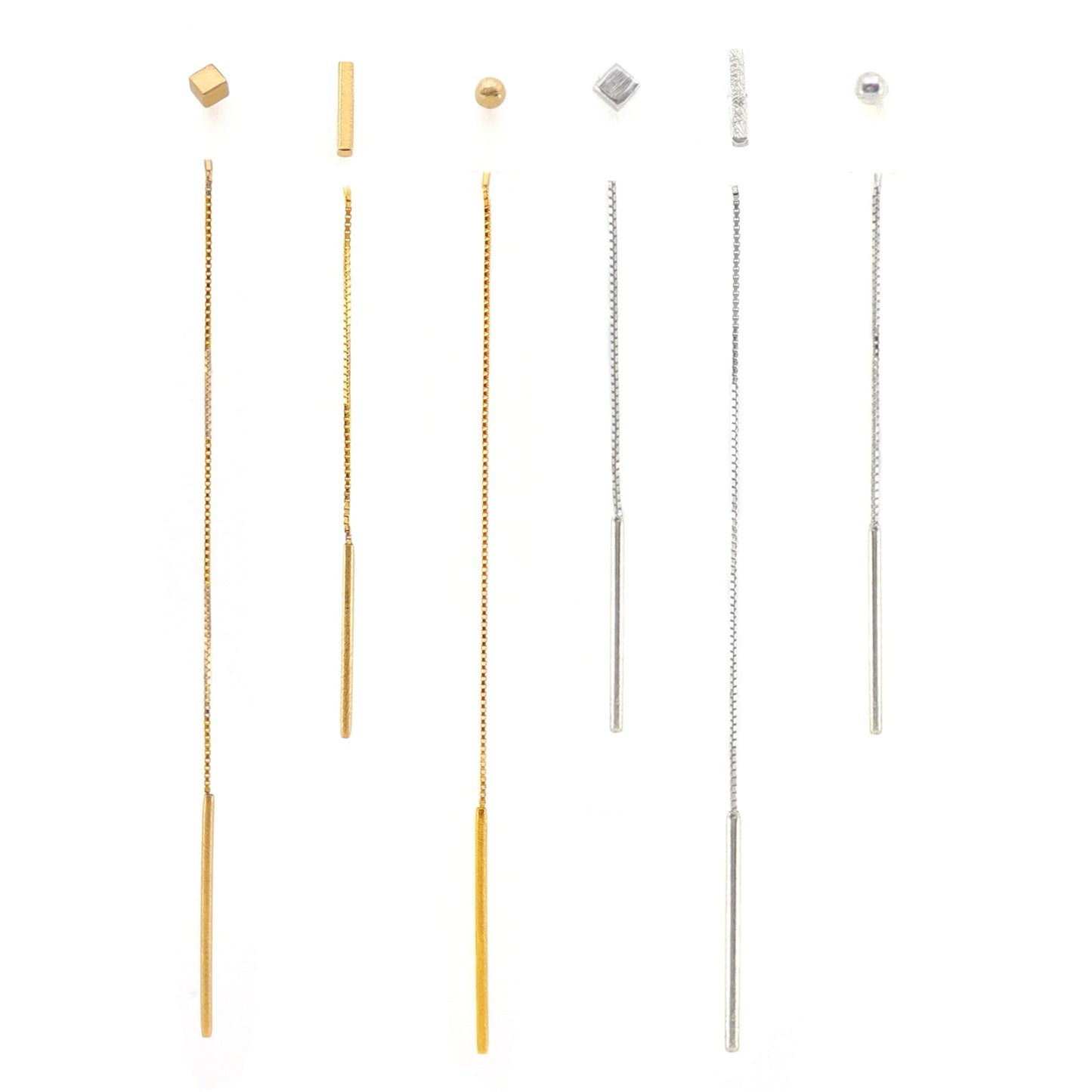 6 different earlace threaders in gold and silver on white background