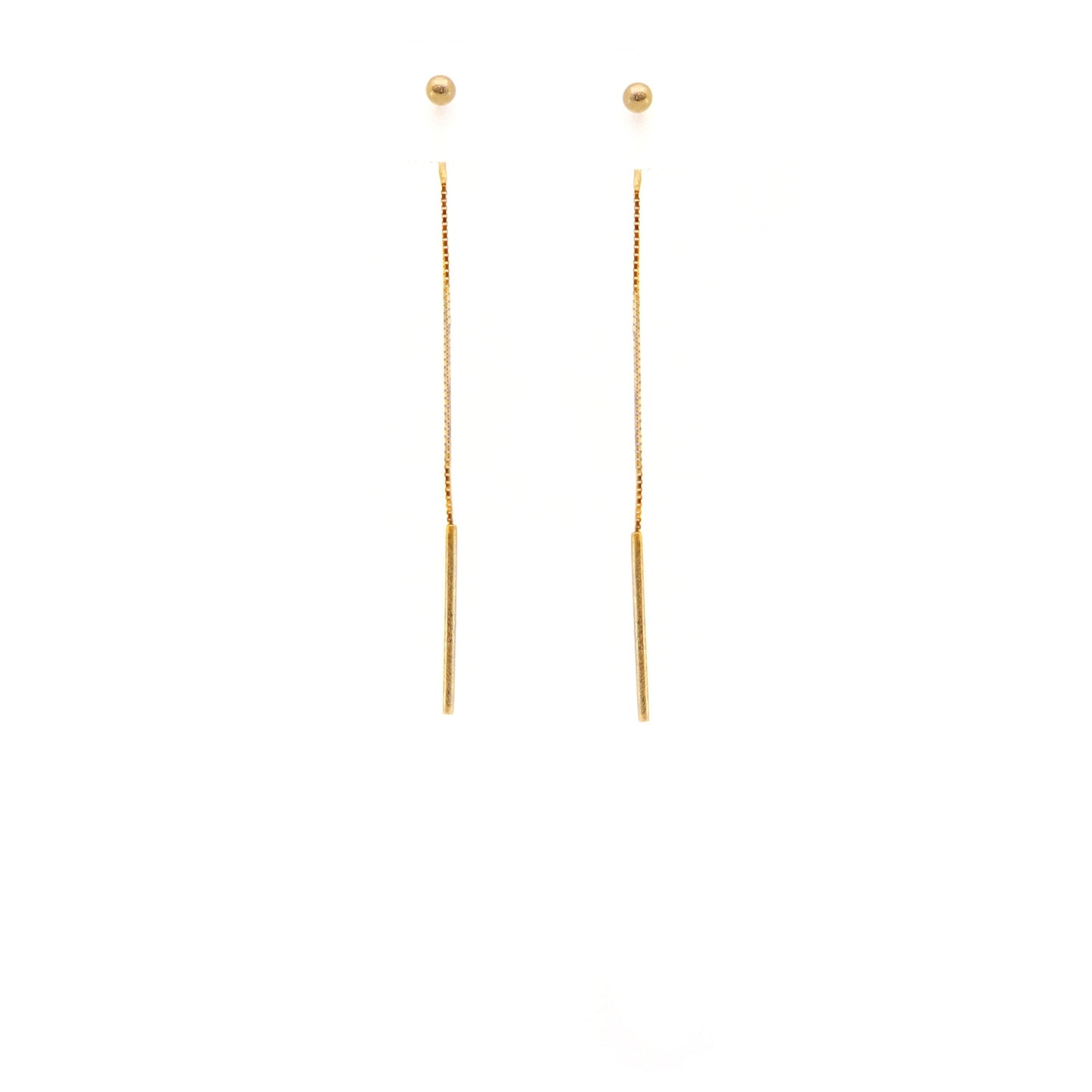 Gold ball threader earrings on a white background
