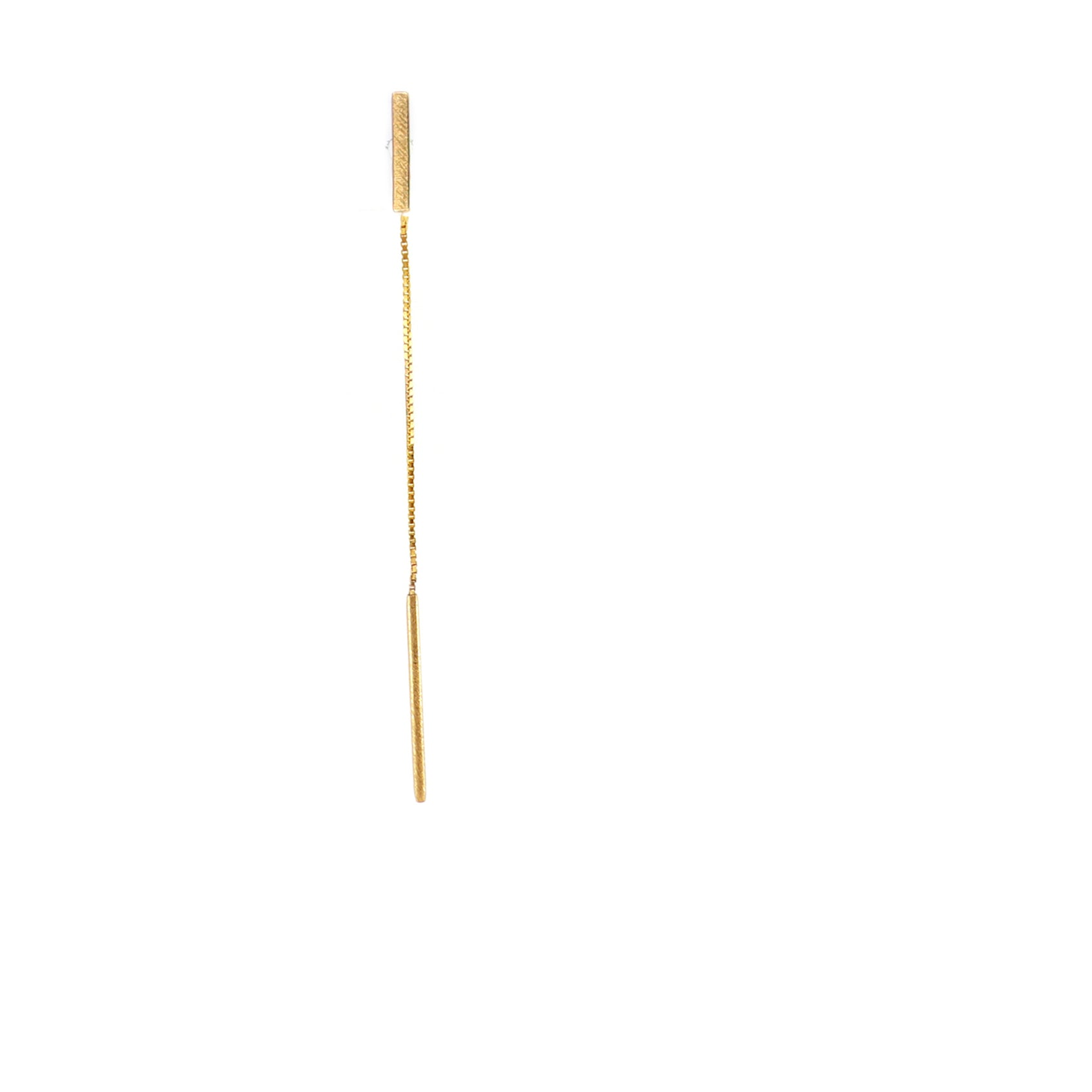 Long thin gold bar threader on a white background