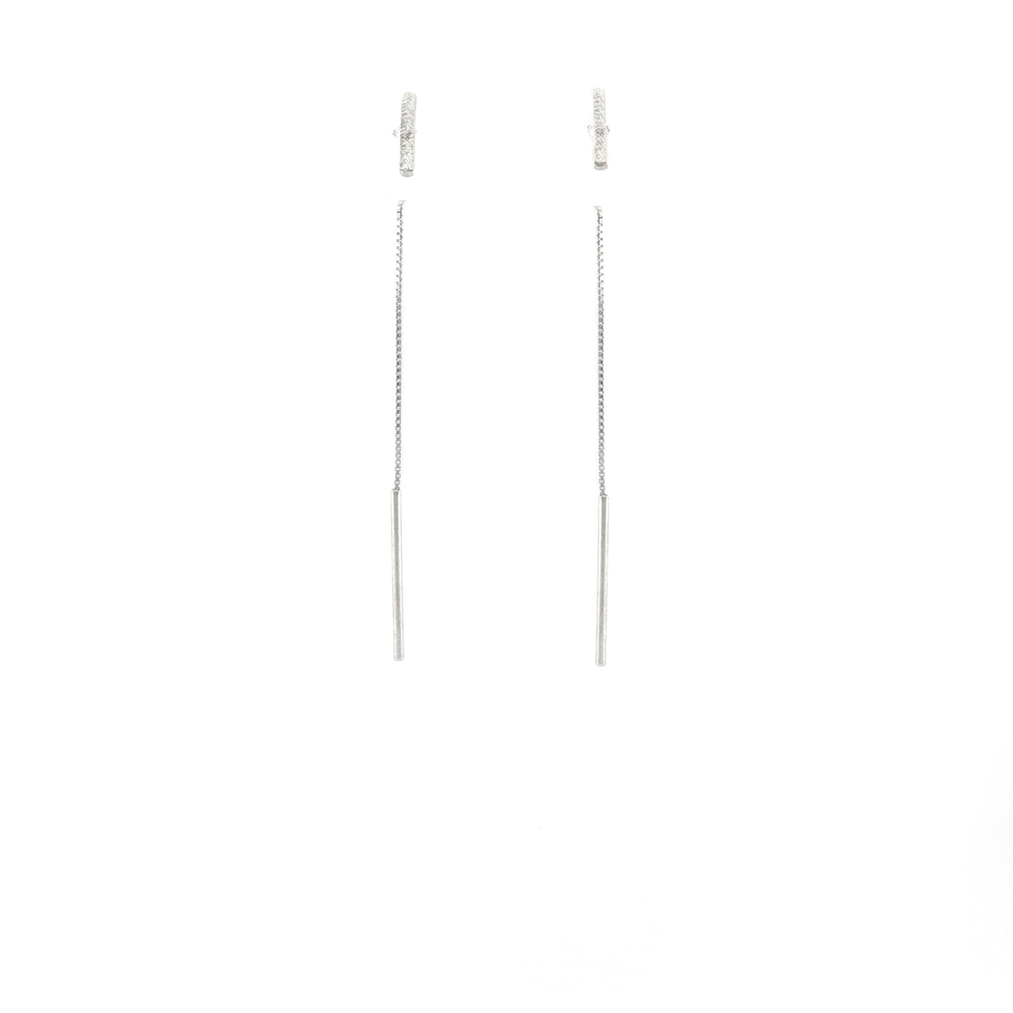 Pair of silver threader bar earrings on a white background