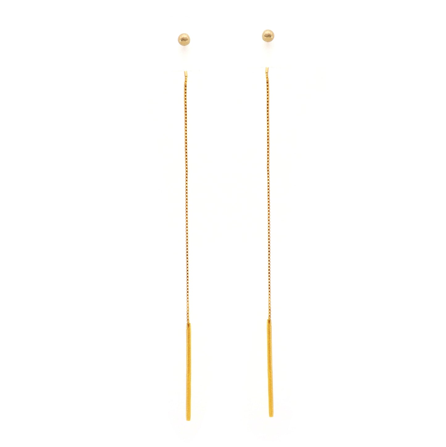 Gold ball threader earrings on a white background