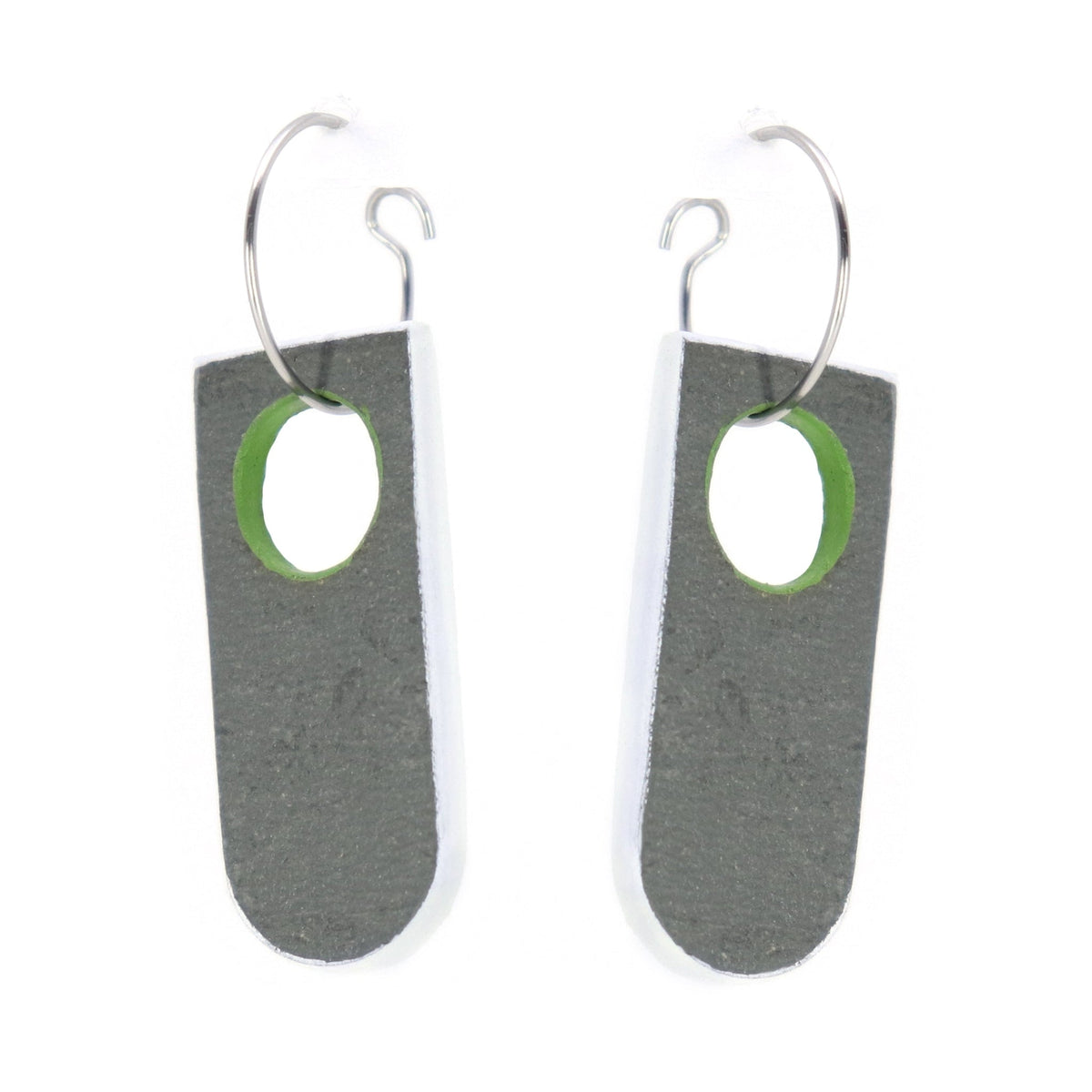 Pair of earrings with gray arch-shaped pendants and green centers on a white background