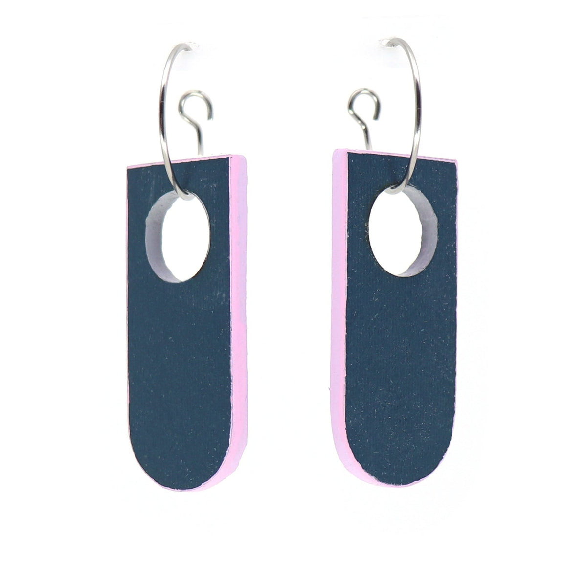 Pair of earrings with a blue and pink design on a white background