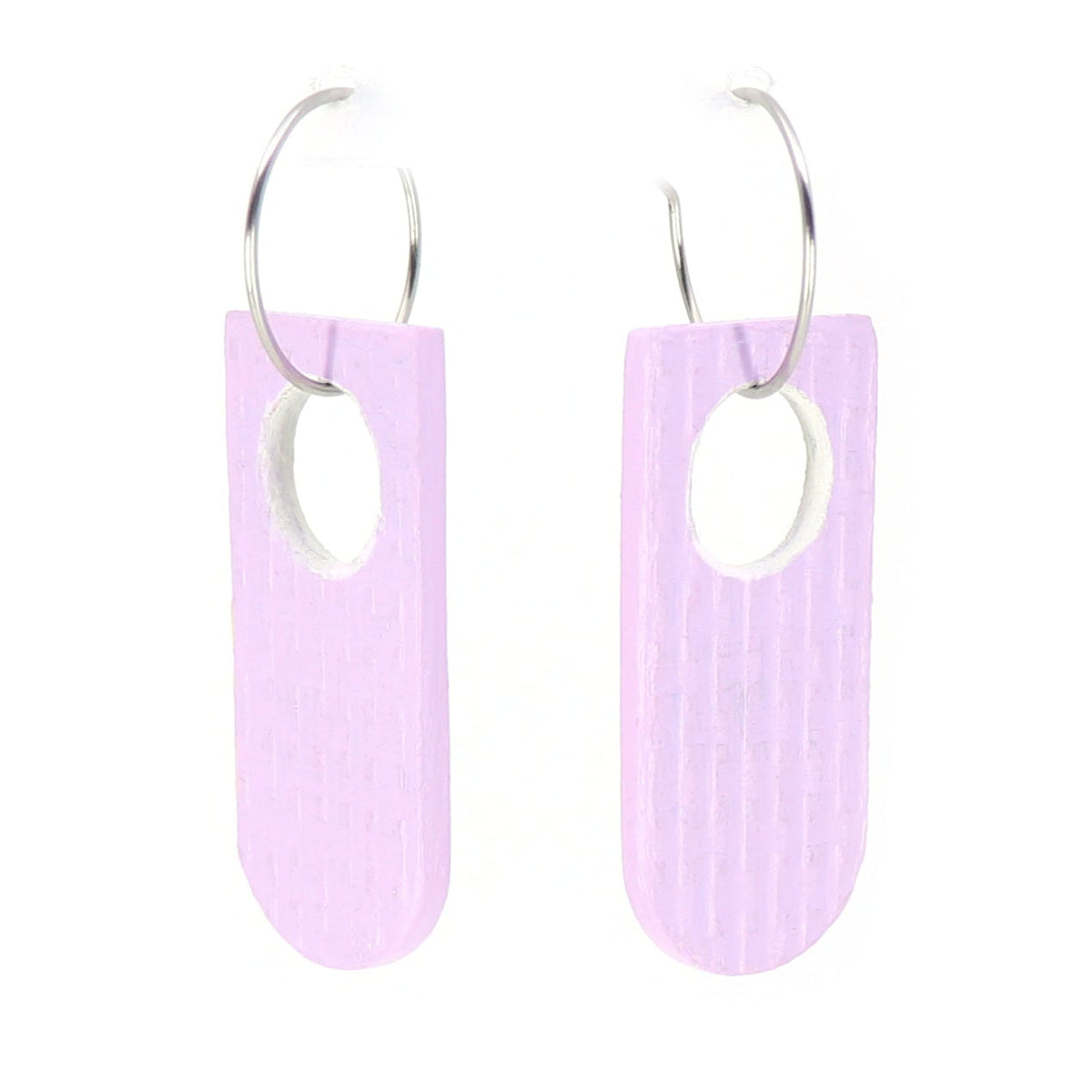 Pair of lilac recycled linoleum earrings with silver hooks on a white background