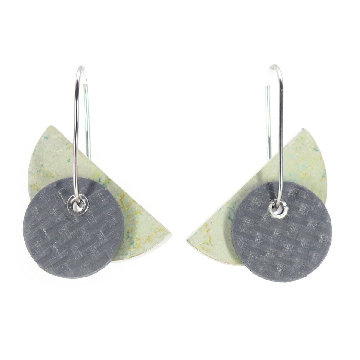 Bauhaus shaped adjustable earrings on oval hoop in mossy speckled green and grey linoleum
