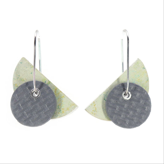 Bauhaus shaped adjustable earrings on oval hoop in mossy speckled green and grey linoleum
