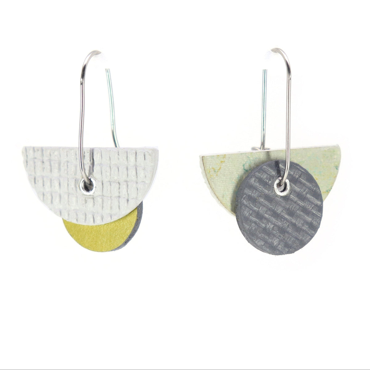 Bauhaus shaped reversible earrings on oval hoop in speckled light green & grey or white and  moss green