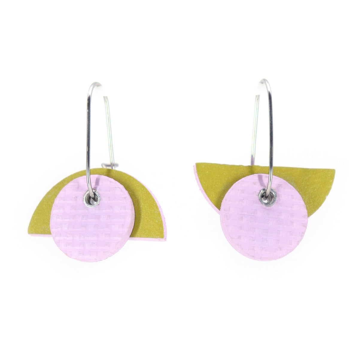 Bauhaus shaped convertible earrings on oval hoop in moss green and lilac