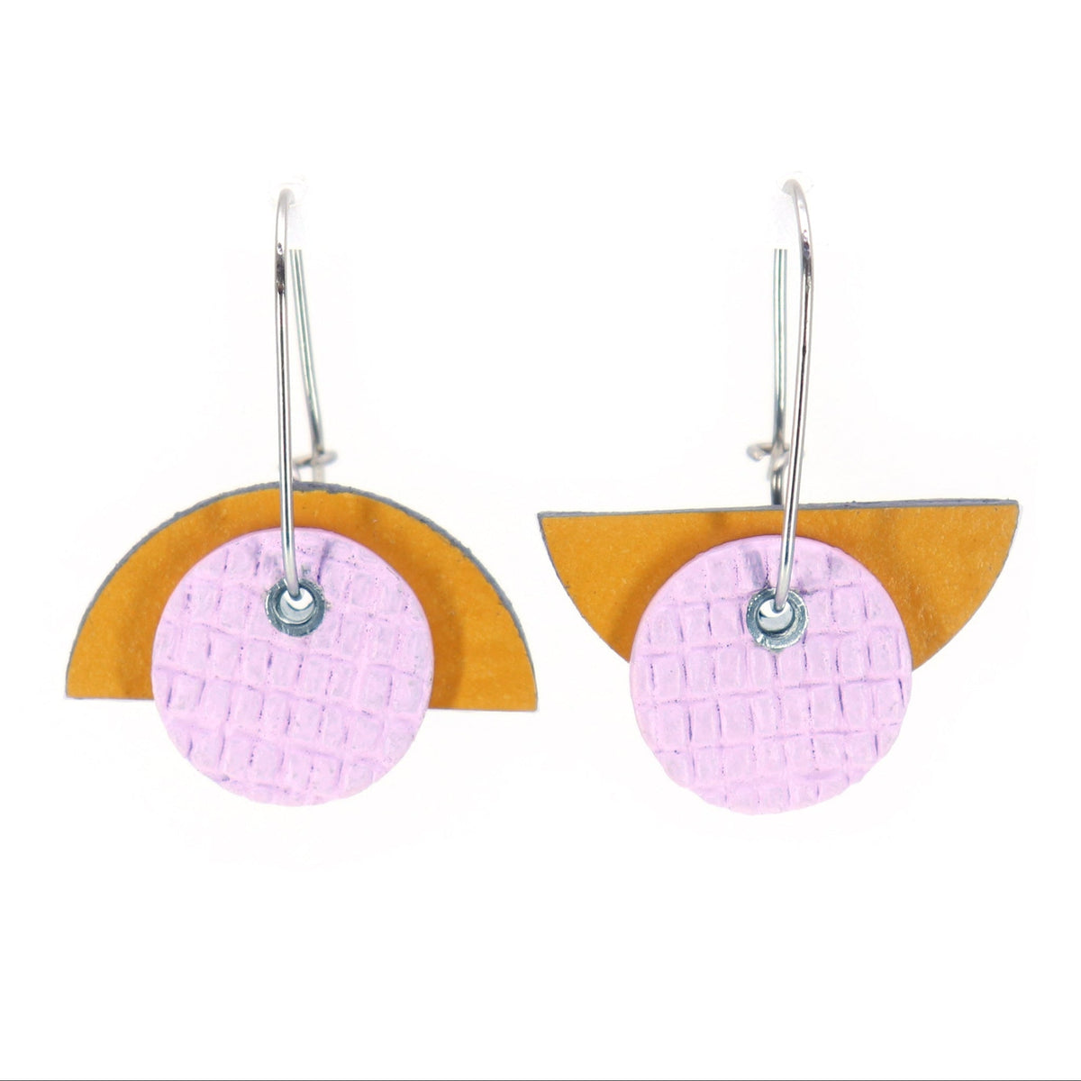 adjustable shape Bauhaus earrings on oval hoop in orange and lilac