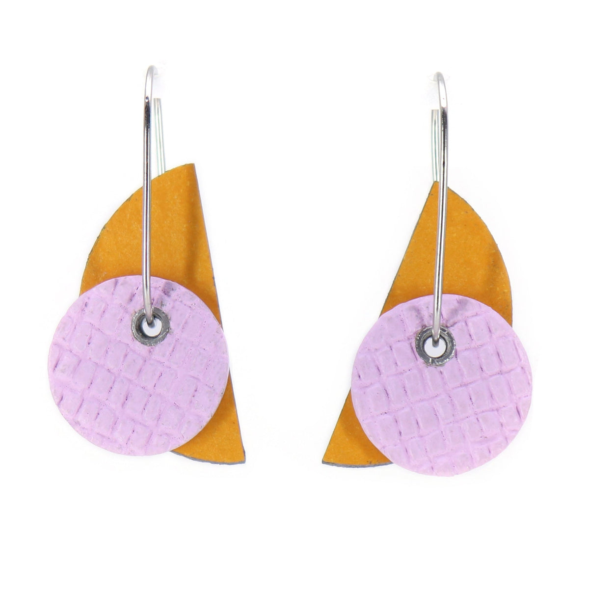 Bauhaus shaped earrings on oval hoop in orange and lilac