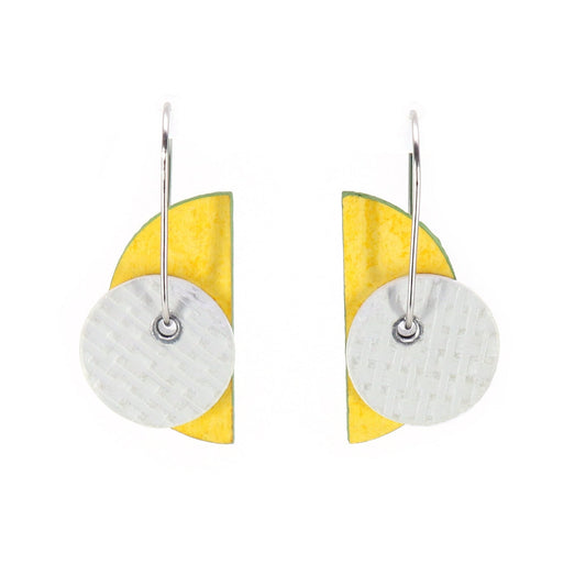 yellow and white adjustable Bauhaus shaped earrings on oval hoops
