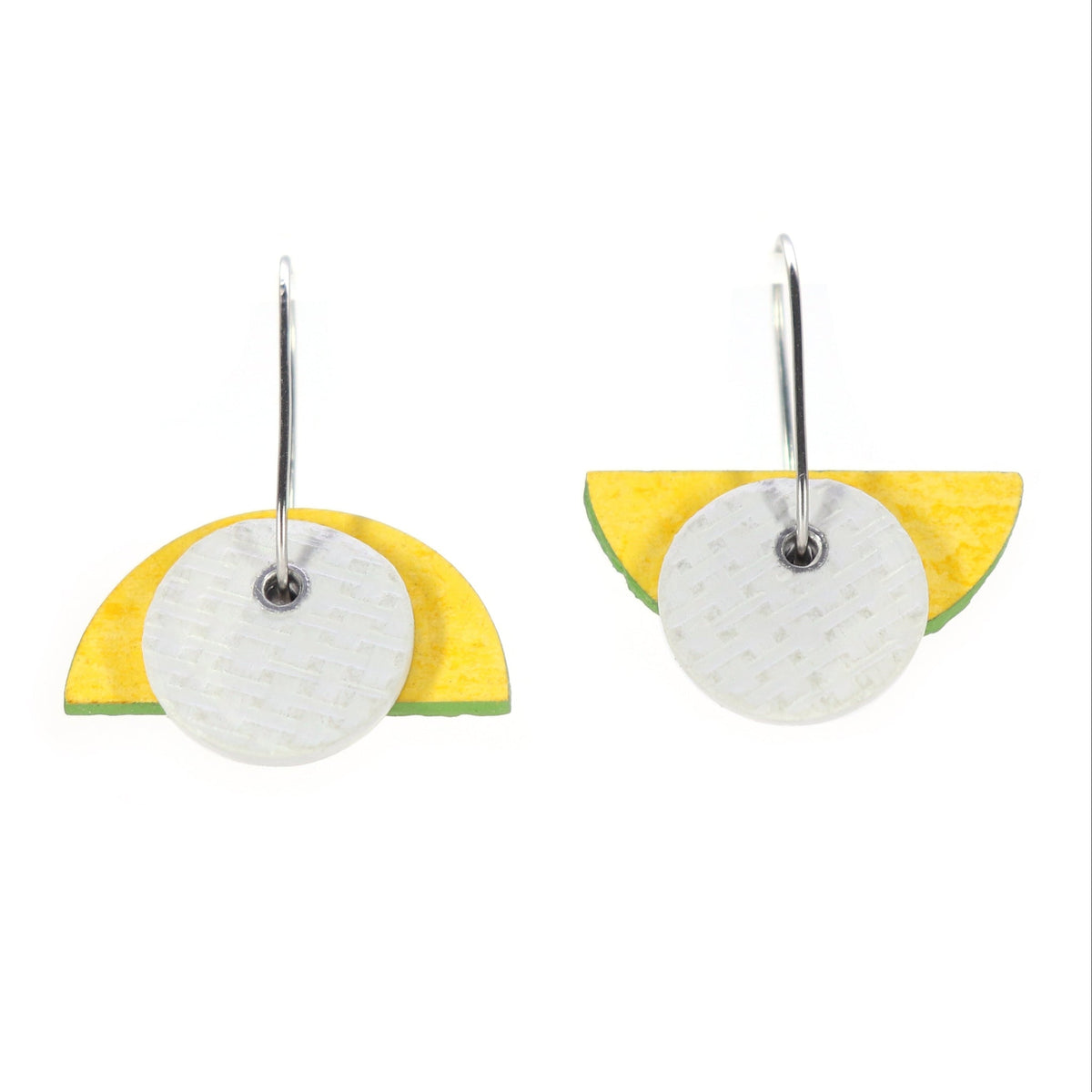 Bauhaus shaped earrings on oval hoop in yellow, green and white