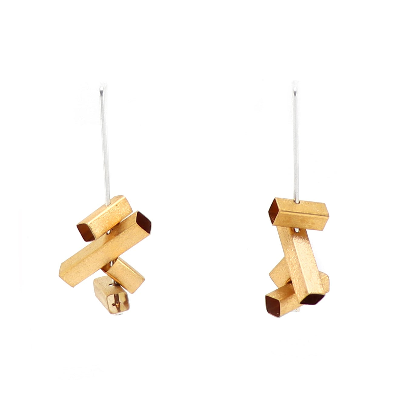 Silver and gold geometric rectangle earrings on a white background