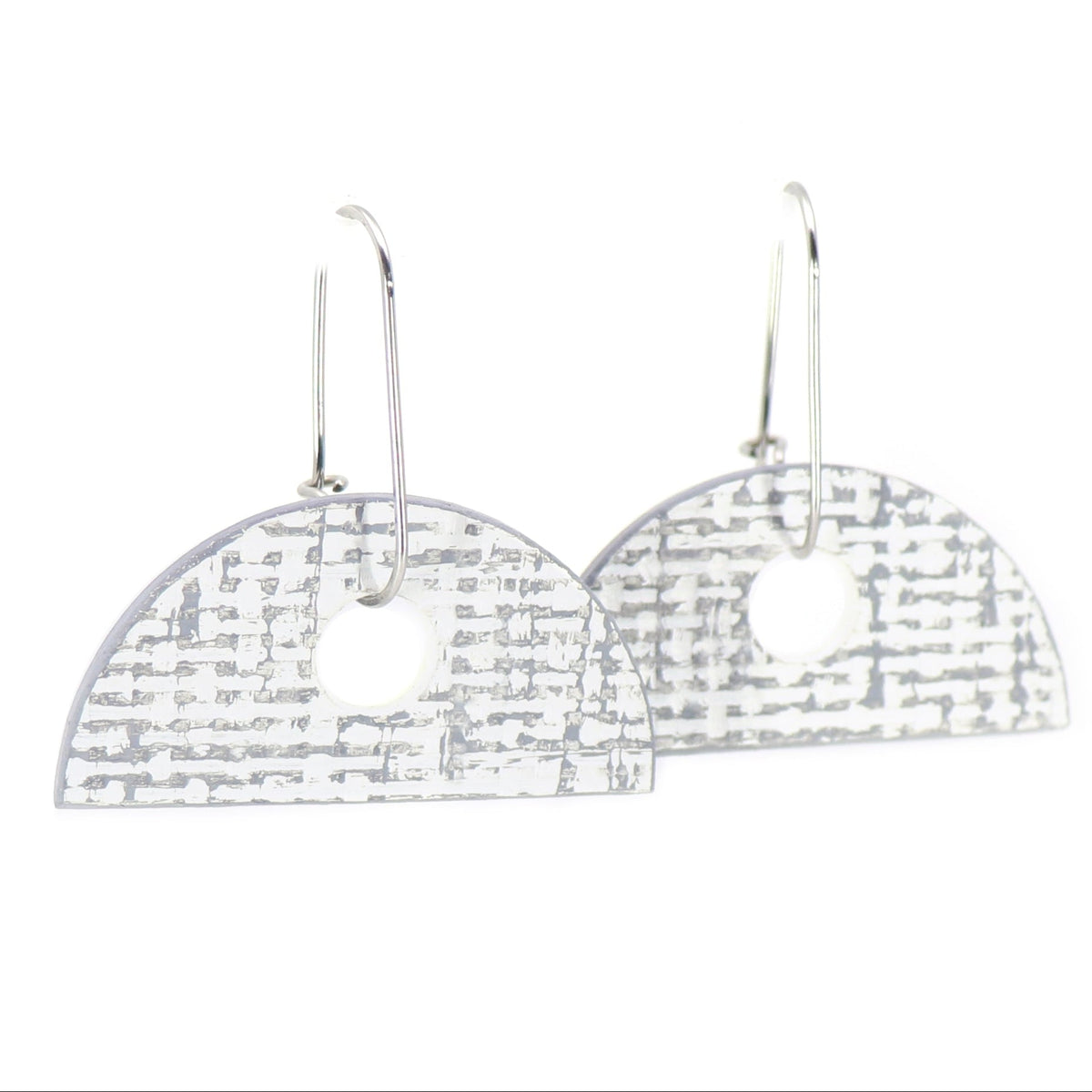 semi-circle white and grey handmade earrings on oval hoops