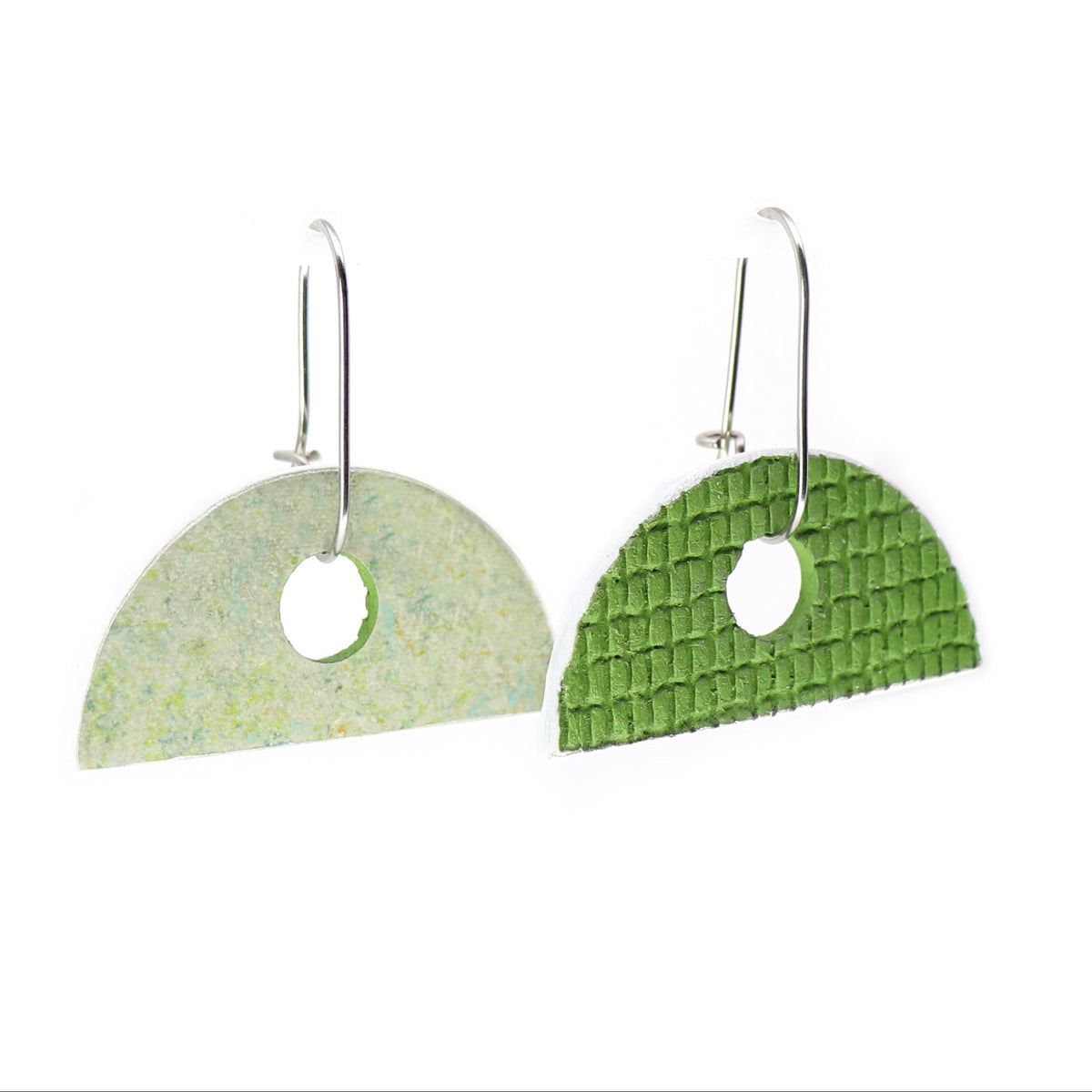 semi-circle green earrings on oval hoops