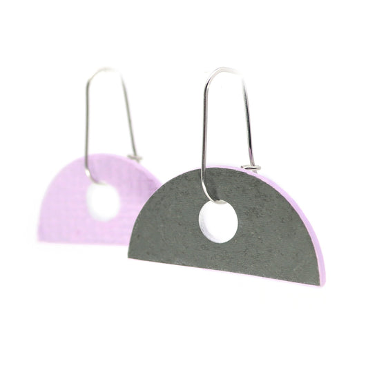 semi-circle reversible earrings in grey and lilac on oval hoops