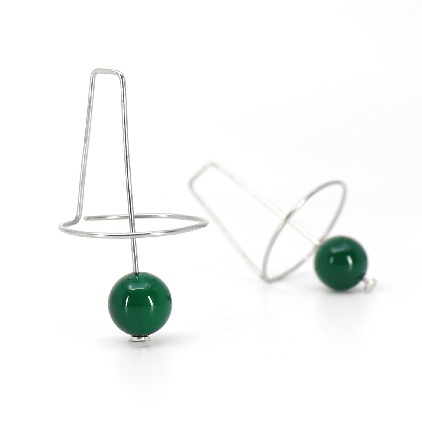 geometric wire earrings with green agate beads on white background