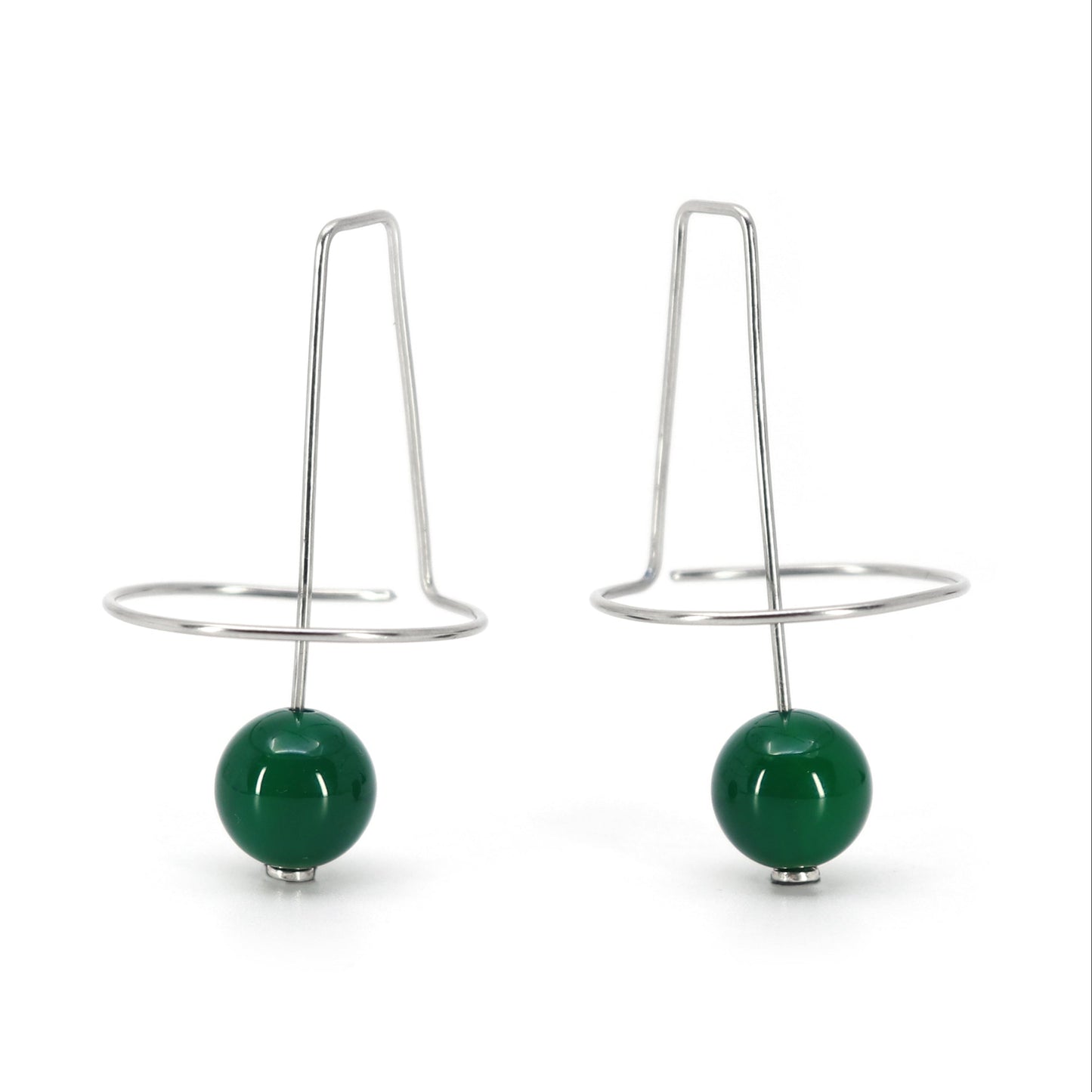 sculptural wire earrings with green agate beads on white background