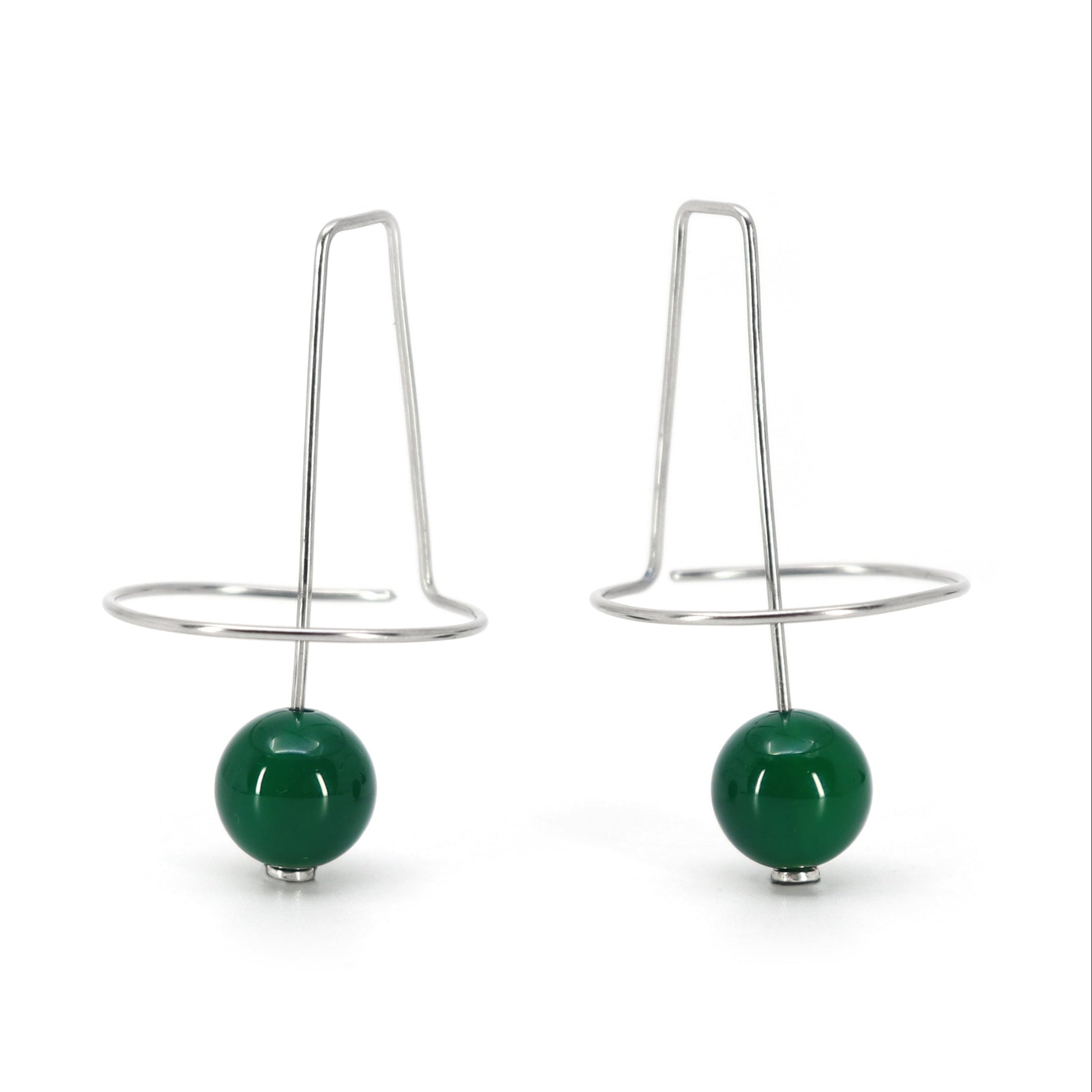 sculptural wire earrings with green agate beads on white background
