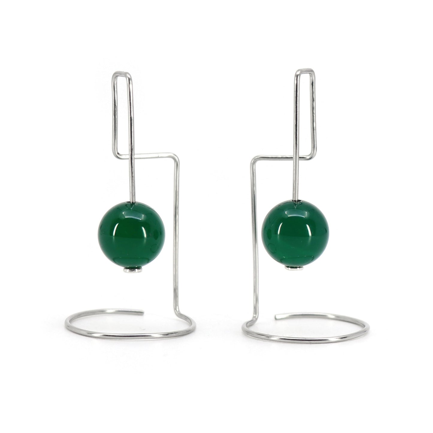 Pair of geometric earrings with green agate beads against a white background
