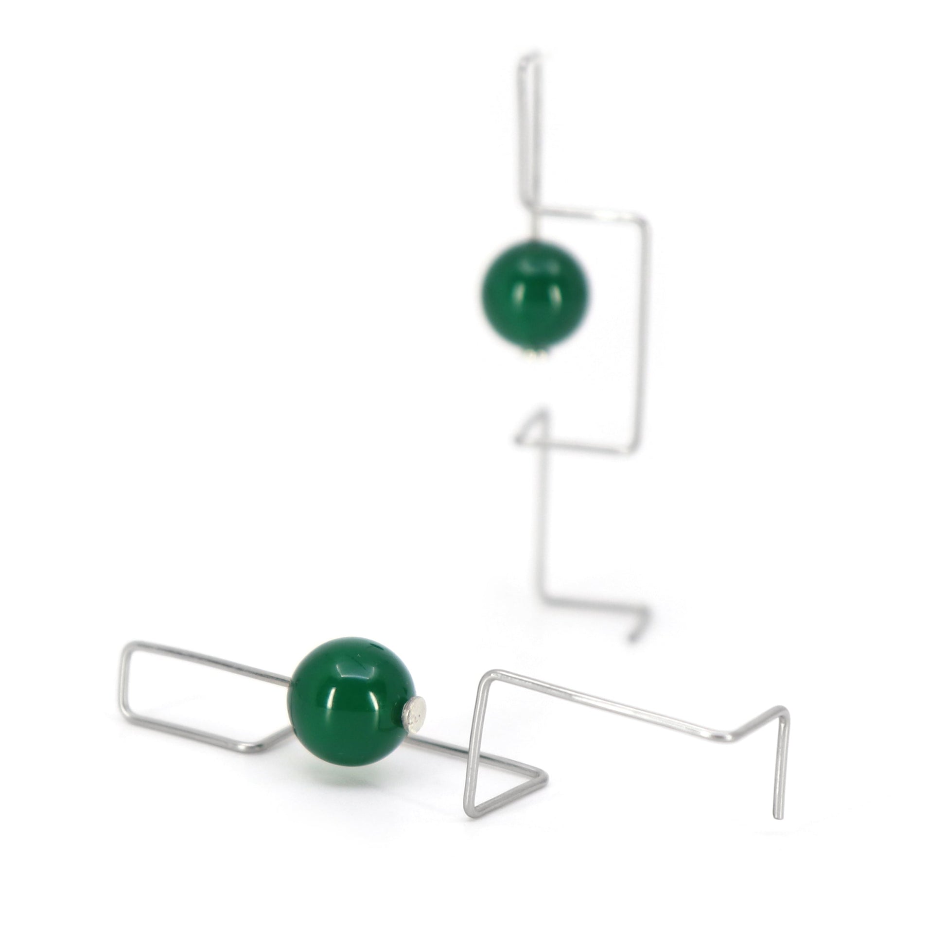 Architectural labyrinth earrings with green agate beads