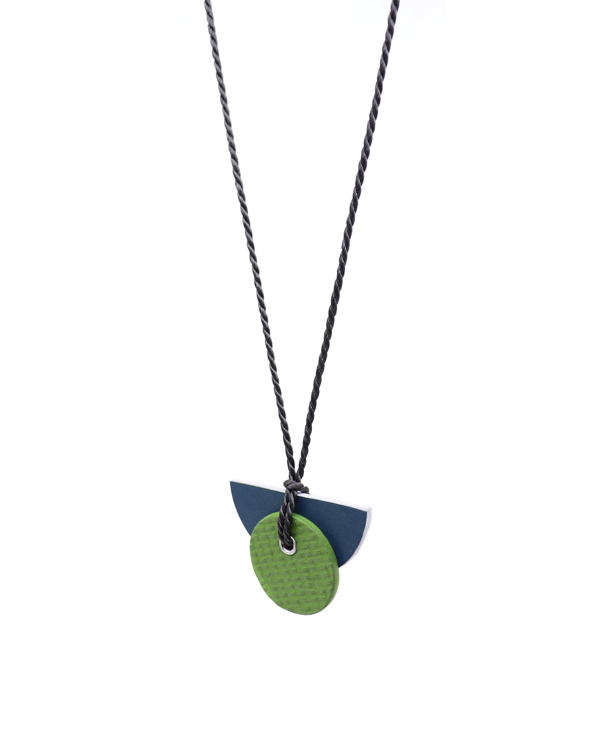 Bauhaus pendant necklace in navy and green linoleum on twisted grey string