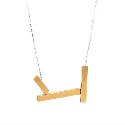 Gold necklace with three horizontal bars on a white background
