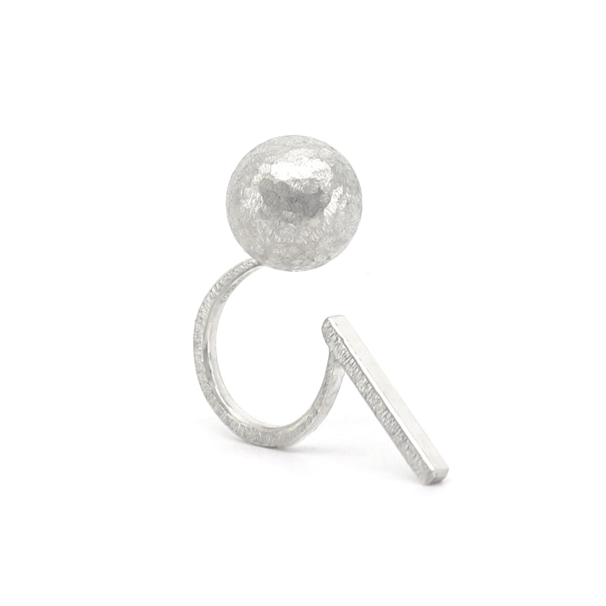 Silver ring with a round ball and thin bar on a white background
