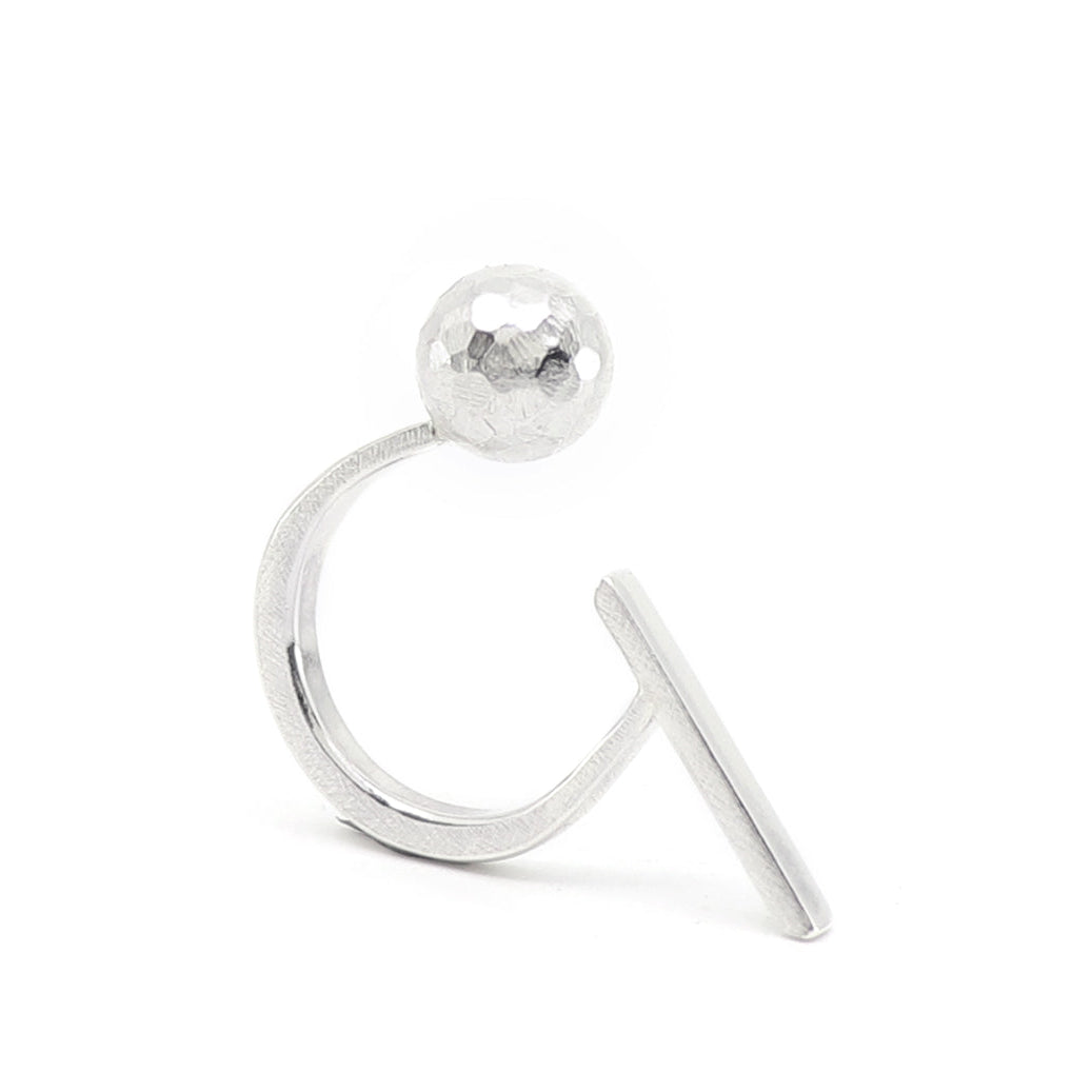 Silver Geometric open ring with a disco ball textured orb and and flat bar, presented on a white background