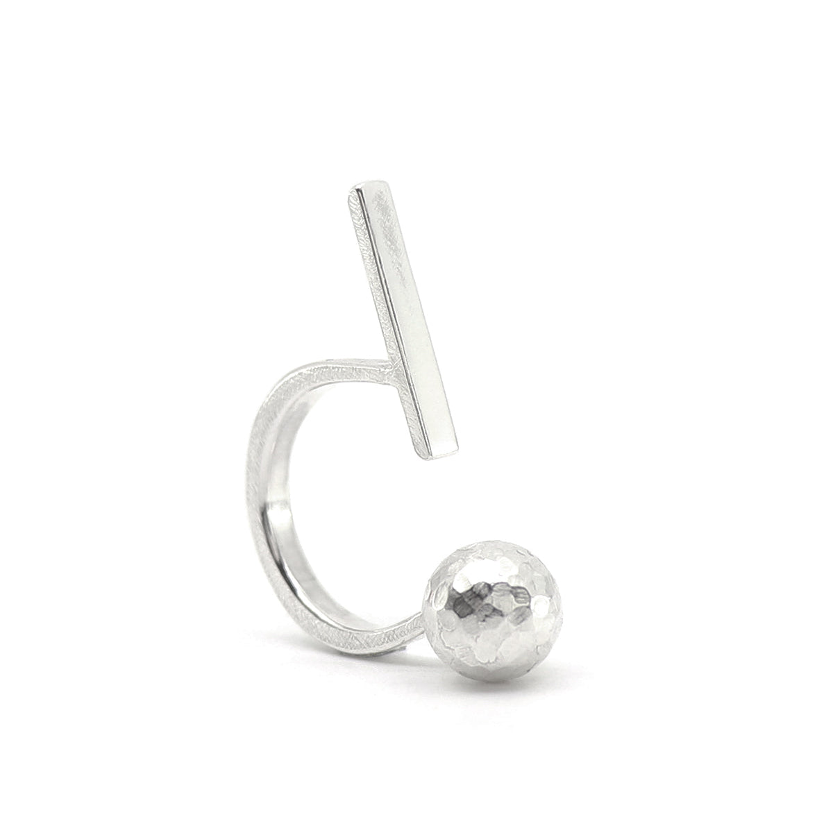 A silver open ring earring featuring a flat, textured vertical bar and a matching hammered-finish spherical bead, shown on a plain white background.