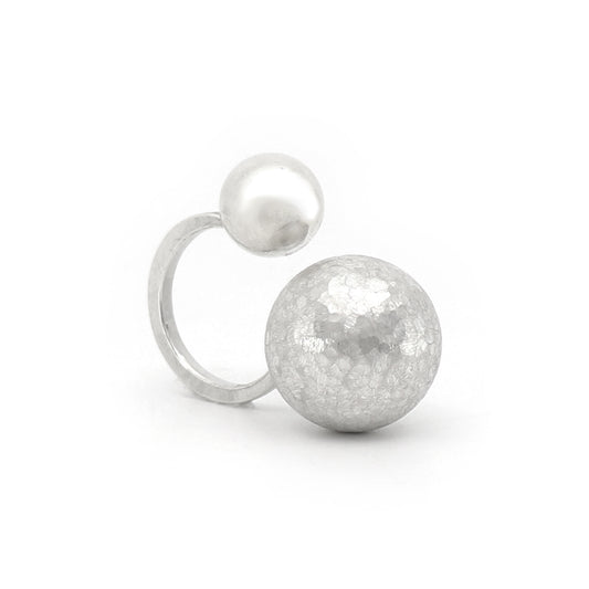 Silver ring with two spherical beads on a white background
