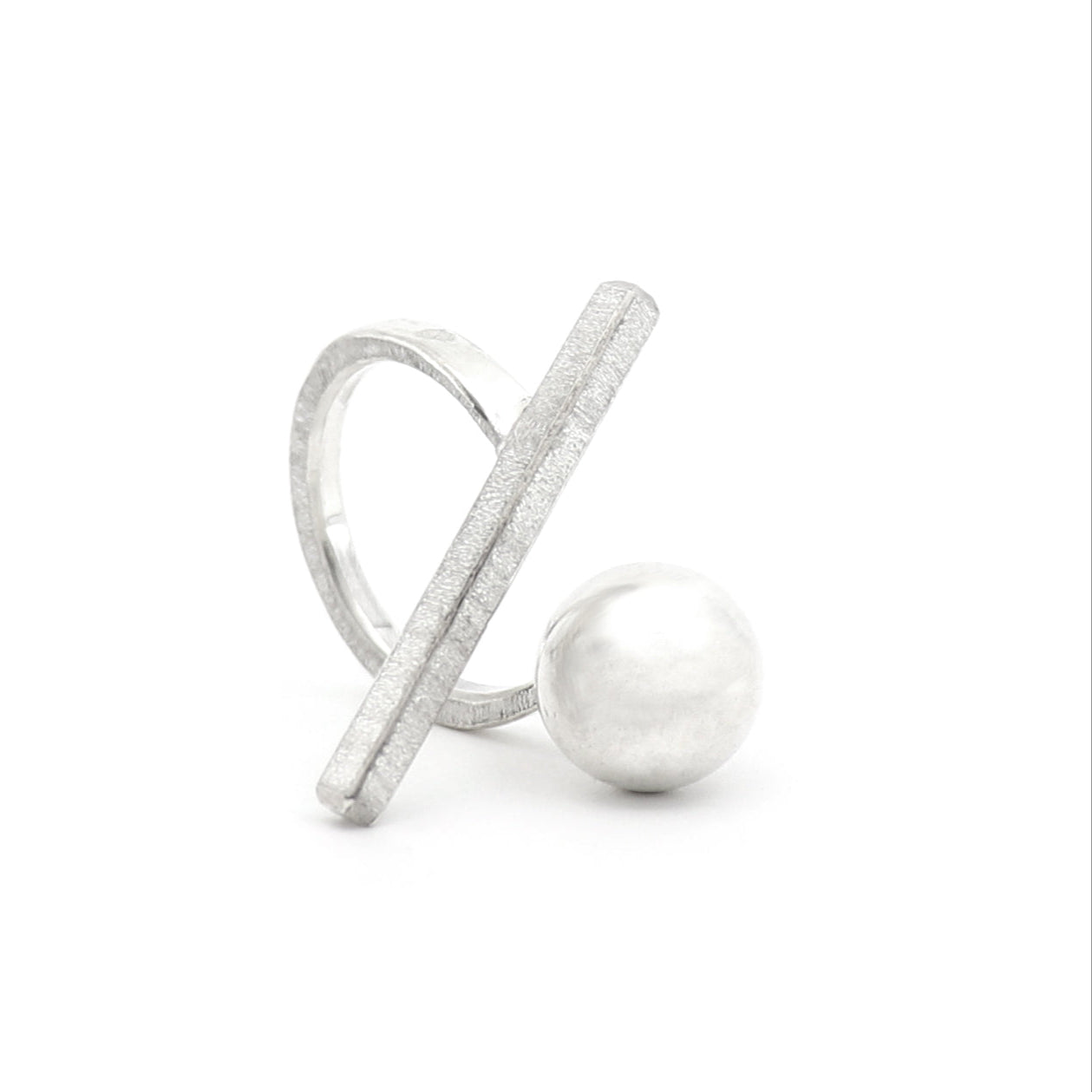 Silver ring with a spherical element on a white background