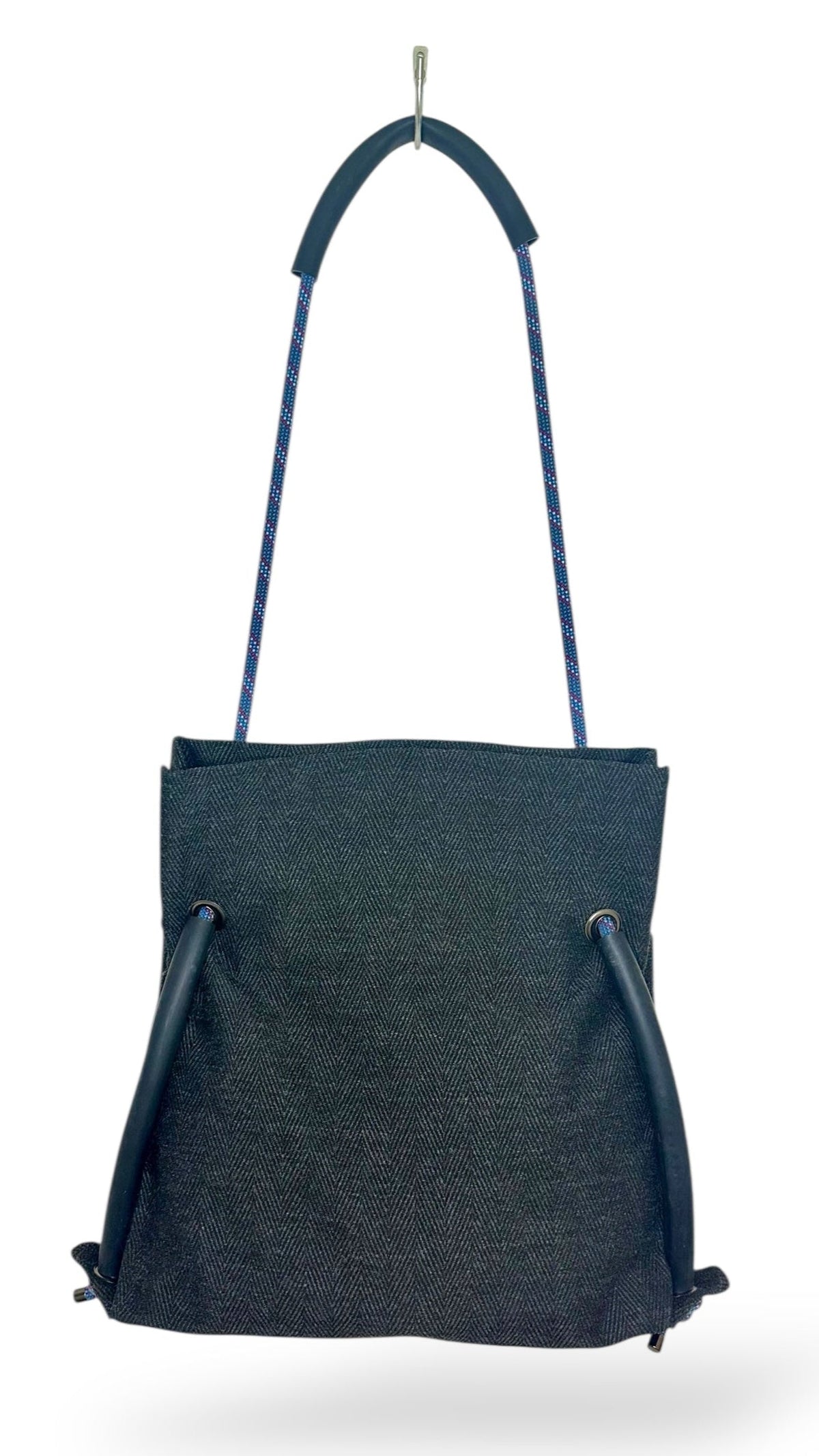black chevron sustainable commuter bag with upcycled climbing rope