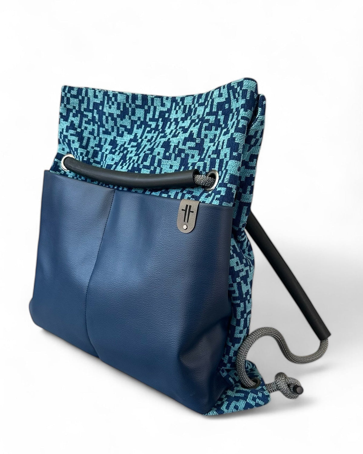 cubist blue convertible backpack -reclaimed textiles and faux leather laptop bag limited edition