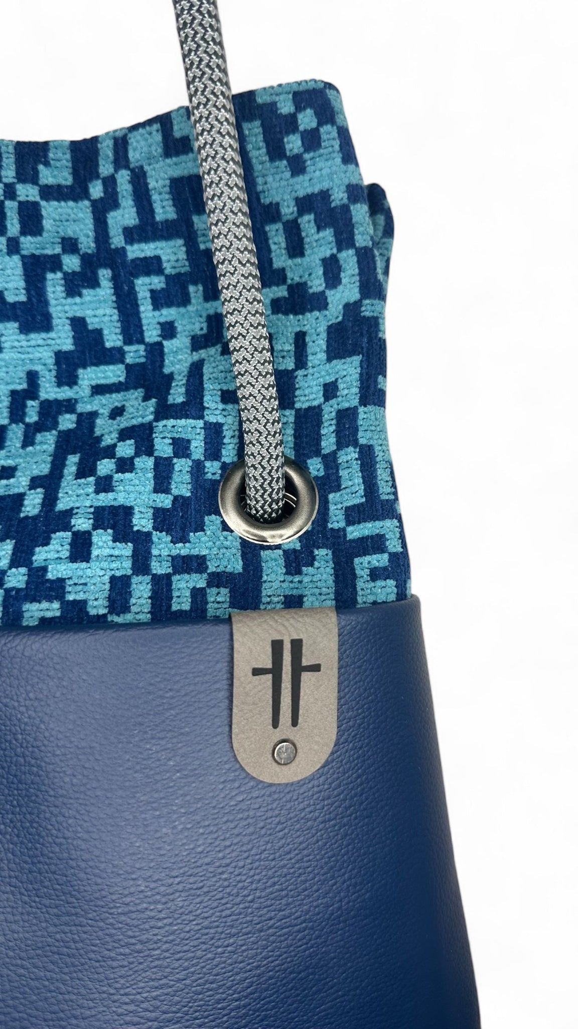 Geometric Blue aqua sustainable bag reclaimed textiles and customisable
