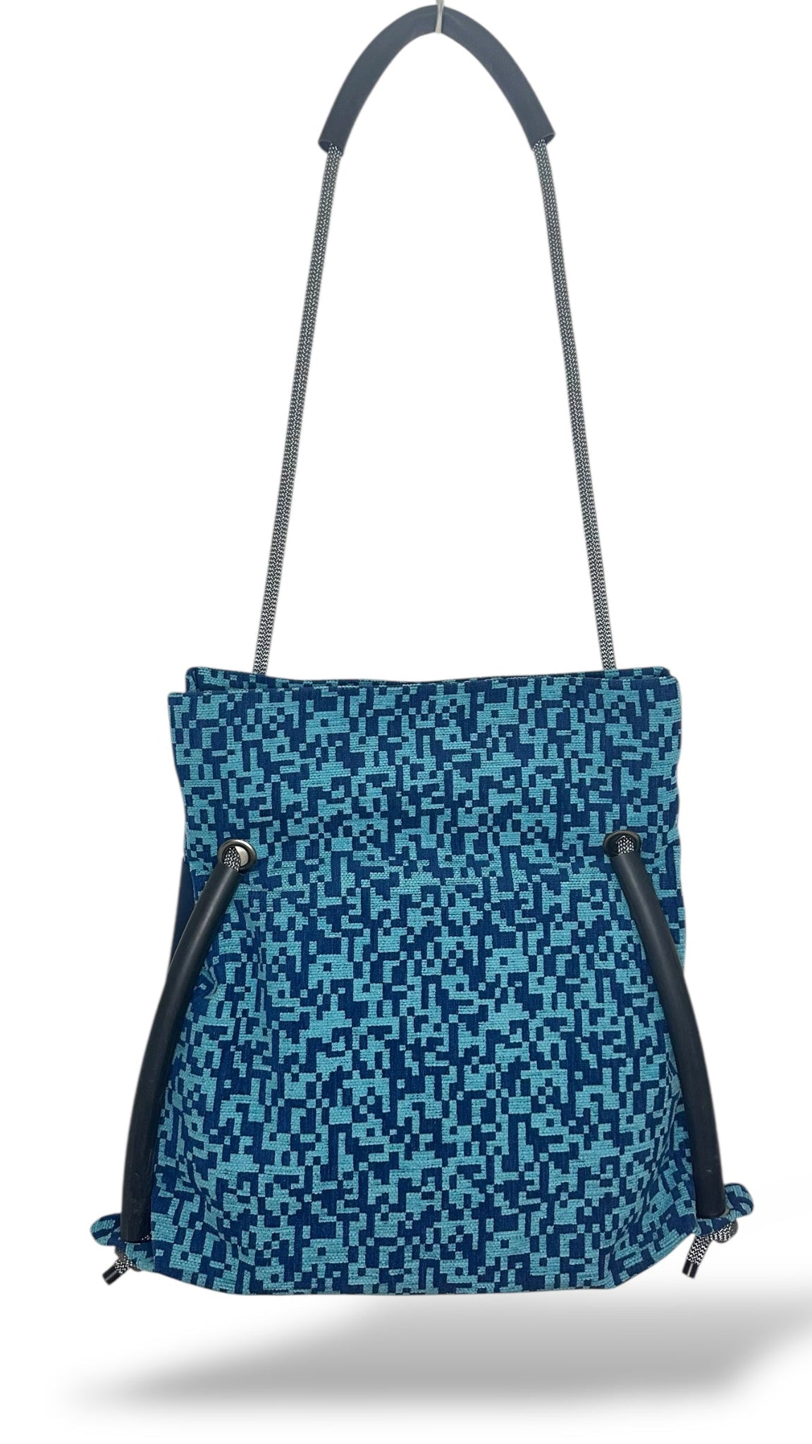 geometric blue convertible backpack -sustainable commuter bag limited edition