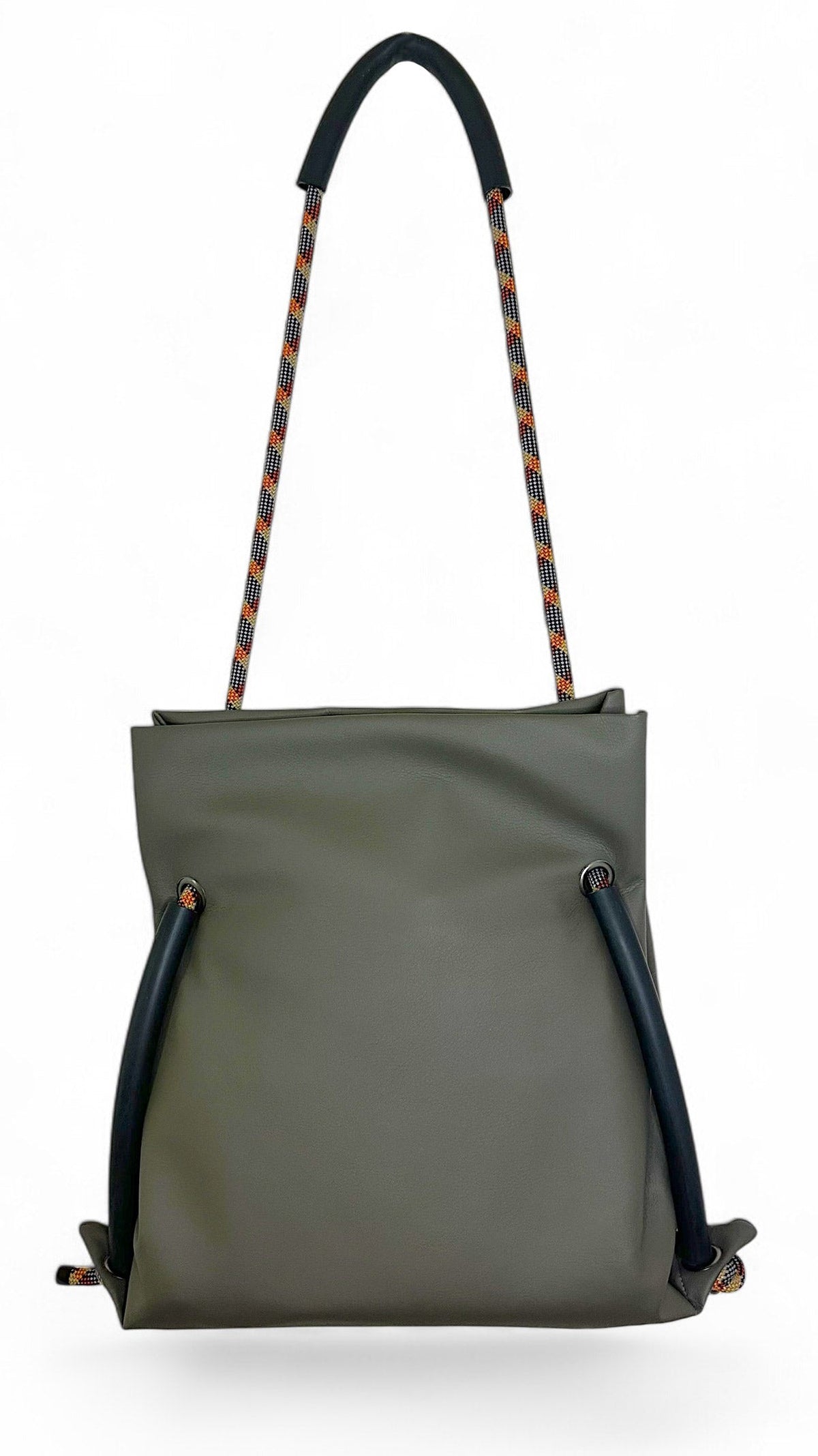 Convertible sustainable commuter backpack by Ditto in subtle reclaimed oilve-grey faux leather & recycled climbing ropes handles